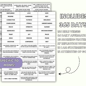 Op de afbeelding: Een printbaar vel met een zwart-wit ontwerp. Het vel bevat 365 dagen aan affirmaties, bijbelteksten, gebeden en reflectiewoorden. De tekst "Bevat 365 dagen!" staat bovenaan het vel. Het vel is ontworpen voor moeders.