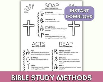 Puede incluir: Hoja de trabajo imprimible en blanco y negro con dos métodos de estudio bíblico diferentes: SOAP y ACTS. La hoja de trabajo incluye una cruz y las palabras "Descarga instantánea".