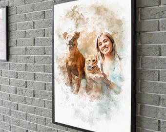 Custom Watercolor Pet Portrait from Photo, Personalized Dog & Cat Portrait, Digital Pet Painting, Pet Memorial Gift Artwork