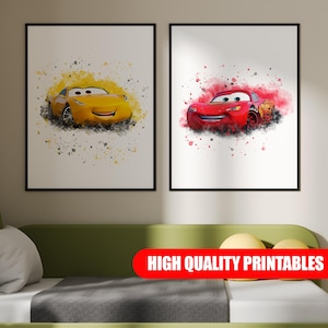 Lightning McQueen Cars Movie Poster Prints Set of 2 Prints Gift Nursery Decor Bedroom Decor Prints Cars Gift Boy Kid Room Decor