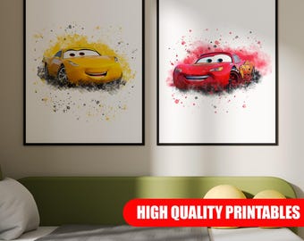 Lightning McQueen Cars Movie Poster Prints Set of 2 Prints Gift Nursery Decor Bedroom Decor Prints Cars Gift Boy Kid Room Decor