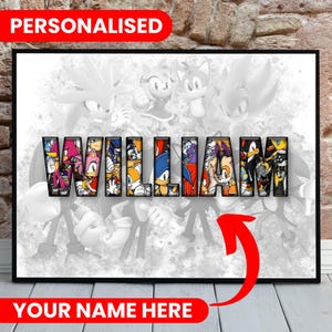 Personalised Name Word Art Print, Game Poster, Sonic the Hedgehog Wall Art, Girl, Boy, Kid Wall Decor, Watercolor Printable Digital Download