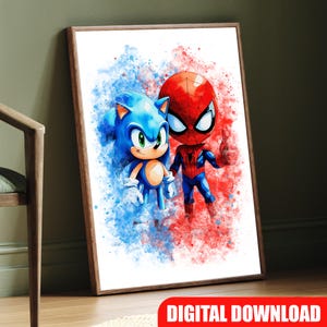 Impresión artística en acuarela de Spider-Man y Sonic the Hedgehog, póster de Spider-Man, decoración de pared para guardería infantil, regalo de cumpleaños, pósteres de Spidey Sonic
