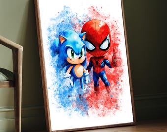 Spider-Man and Sonic the Hedgehog Watercolor Art Print Spider-Man Poster Kids Nursery Wall Decor Birthday Gift Spidey Sonic Posters