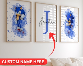 Personalized Set of 3 Sonic Watercolor Posters, Sonic the Hedgehog Wall Art, Girl, Boy, Kid, Wall Decor, Watercolor Printable Kids Nursery