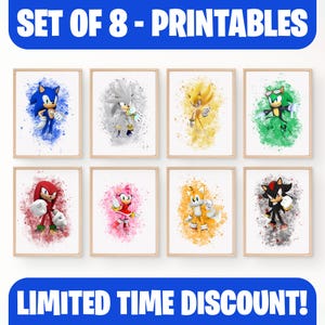 Set of 8 Watercolor Posters, Game Poster, Sonic the Hedgehog Wall Art, Girl, Boy, Kid, Wall Decor, Watercolor Printable Digital Download
