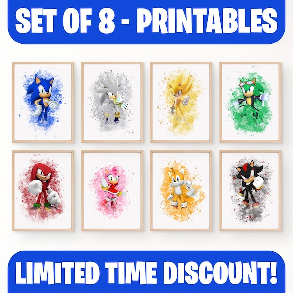 Set of 8 Watercolor Posters, Game Poster, Sonic the Hedgehog Wall Art, Girl, Boy, Kid, Wall Decor, Watercolor Printable Digital Download