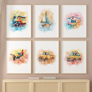 Set van 6 voertuig kunstafdrukken jongen kinderkamer muur kunst afdrukbare vervoer kinderkamer decor auto vliegtuig trein boot vrachtwagen print peuter kamer decor