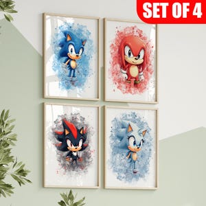 Sonic Hedgehog Prints, Set of 4 Watercolor Posters, Game Poster Printable, Shadow, Tails, Knuckles,  Kids Room Decor Wall Art Digital Print
