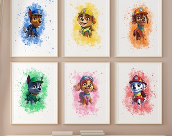 Watercolor Rescue Pups Wall Art Set of 8 Cute Cartoon Decor for Kids Room – Digital Download Nursery Prints Playful Animal Poster