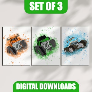 Monster Truck Wall Art prints Gallery Wall art, Set of 3 Downloadable Prints Monster Truck Kids wall decor Room Truck posters wall decor
