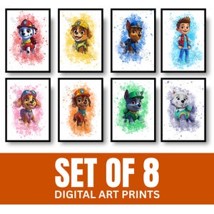 Watercolor Rescue Pups Wall Art Set of 8 Cute Cartoon Decor for Kids Room – Digital Download Nursery Prints Playful Animal Poster