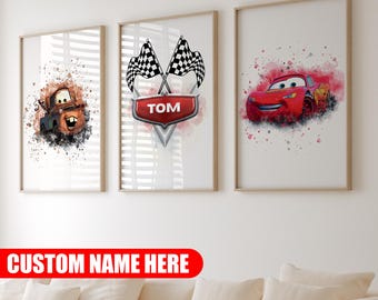 パーソナライズされた車の保育園の装飾3枚セットプリント車のウォールアート名前ポスターカスタム子供部屋の装飾車の寝室印刷可能