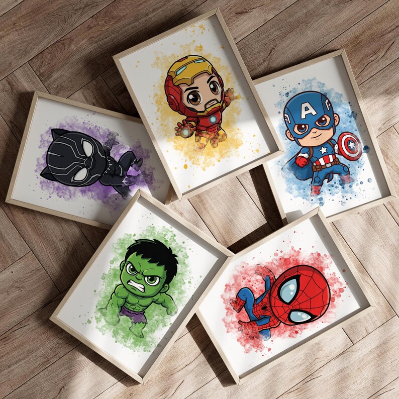 6 Nursery Superheroes Prints Kids Poster Gift for Boys Baby Boys Room ...