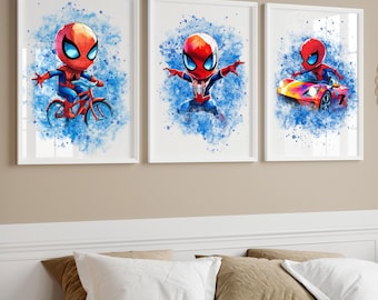 Spiderman Themed Wall Art Prints Set of 3 Nursery Decor Superhero Custom Print Toddler Boy Digital Posters Boys Room Decor