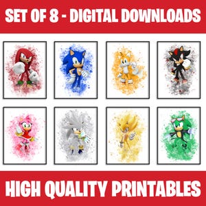 Set di 8 poster ad acquerello, poster del gioco, Sonic the Hedgehog Wall Art, ragazza, ragazzo, bambino, decorazione da parete, poster di Sonic stampabili ad acquerello