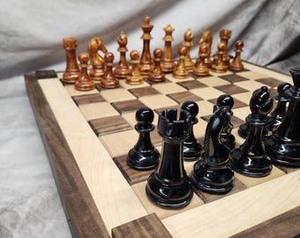 Handmade Walnut, Hickory and Maple Chess Board/Storage