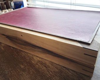 One-Off Premium Personalized Hickory and Walnut Backgammon Set. Handmade wooden backgammon board with engravable leatherette cover.