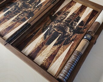Walnut Backgammon Board with Buffalo Engraving, Handmade Wooden Game Set