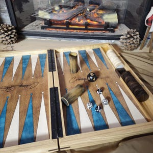 Premium Personalized Backgammon Set. Handmade wooden backgammon board with customizable field and engravable leatherette cover.