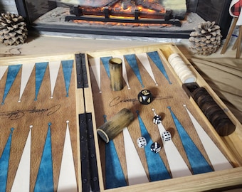 Premium Personalized Backgammon Set. Handmade wooden backgammon board with customizable field and engravable leatherette cover.