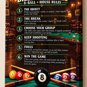 May include: A rectangular canvas wall art piece titled BILLIARDS RULES 8-BALL HOUSE RULES. It features six numbered rules, a background of a pool hall, and a foreground with two crossed pool cues, an 8-ball, and numbered billiard balls.
