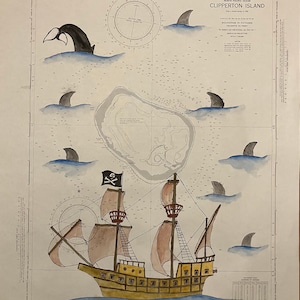 Arte gráfico: Pintura de un barco pirata, tiburones y una ballena en un mapa antiguo de la isla Clipperton