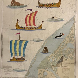 Arte gráfica: navios vikings, icebergs e vida selvagem na costa ártica do Alasca