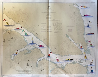 Kartenkunst: Aquarellmalerei von Bojen auf einer alten Seekarte der Peril Strait, Alaska