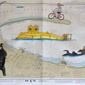 Arte gráfica: submarino Cousteau, urso, lontra marinha, pescador e ciclista em Port Angeles