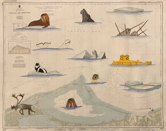 Kartenkunst: Original Aquarellmalerei von Peard Bay, Alaska, einer Karte von Wildtieren und einem gelben U-Boot