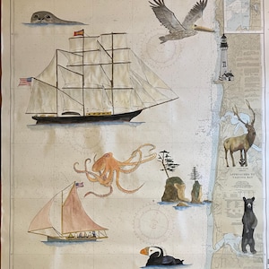 Arte de Carta: Pintura em aquarela de navio Clipper, polvo, pelicano, urso preto, etc. em uma antiga Carta Náutica de Aproximações à Baía de Yaquina