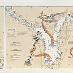 Arte gráfico: Pintura en acuarela de Cthulhu atacando un hidroavión, la Space Needle, un autobús, un kayakista, un hidroavión y un barco pesquero en Seattle