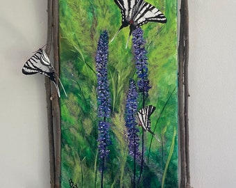 Handgefertigtes Acrylgemälde von Zebra-Schmetterlingen in lila Salvia-Blüten mit handgefertigtem 3D-Zebra-Schmetterling und handgefertigtem Weidenrahmen.