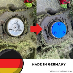 Könnte beinhalten: Nahaufnahme eines Metallteils eines Rasenmähers mit einer blauen Plastikabdeckung. Der Text "MADE IN GERMANY" ist unter dem Bild sichtbar. Der Text "*Mähroboter nicht enthalten" ist unter dem Text "MADE IN GERMANY" sichtbar.