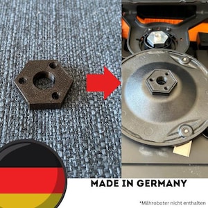 Könnte beinhalten: Ein schwarzer, sechseckiger Adapter aus Kunststoff mit einem zentralen Loch. Der Adapter ist auf einer grauen, strukturierten Oberfläche abgebildet. Das Bild zeigt auch eine Nahaufnahme einer schwarzen, runden Platte mit einem sechseckigen Loch in der Mitte. Der Text "MADE IN GERMANY" ist am unteren Rand des Bildes sichtbar. Der Text "*Mahrroboter nicht enthalten" ist ebenfalls am unteren Rand des Bildes sichtbar.