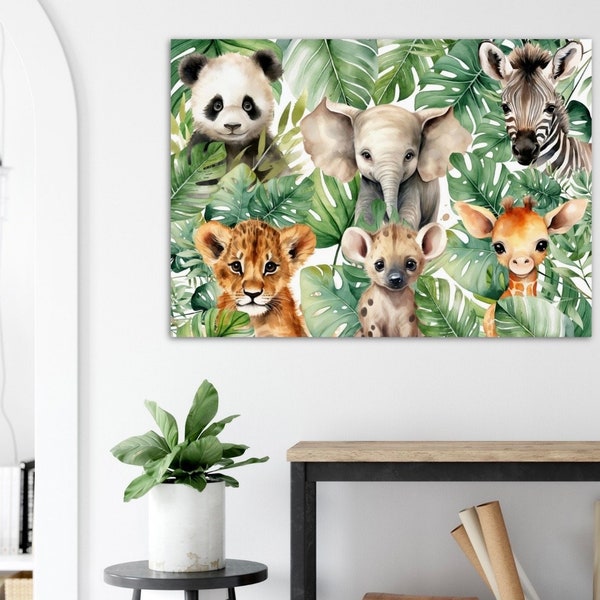 Jungle Safari Baby Animals Poster Nursery Children’s Bedroom, Botanical, Green Leaves