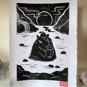 Onsen Capybara - 5”x7” handmade print