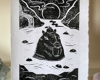 Onsen Capybara - 5”x7” handmade print