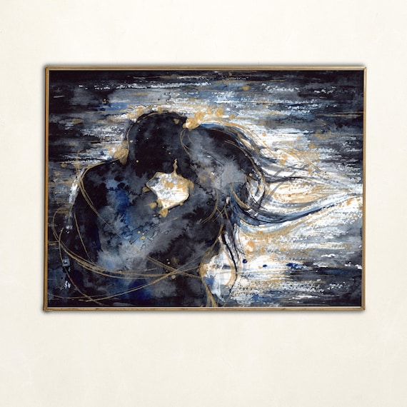 Couple Silhouette Print, Romantic Kiss Wall Art, Black White Horizontal Poster, Intimate Bedroom Wall Art Sensual Watercolor Painting