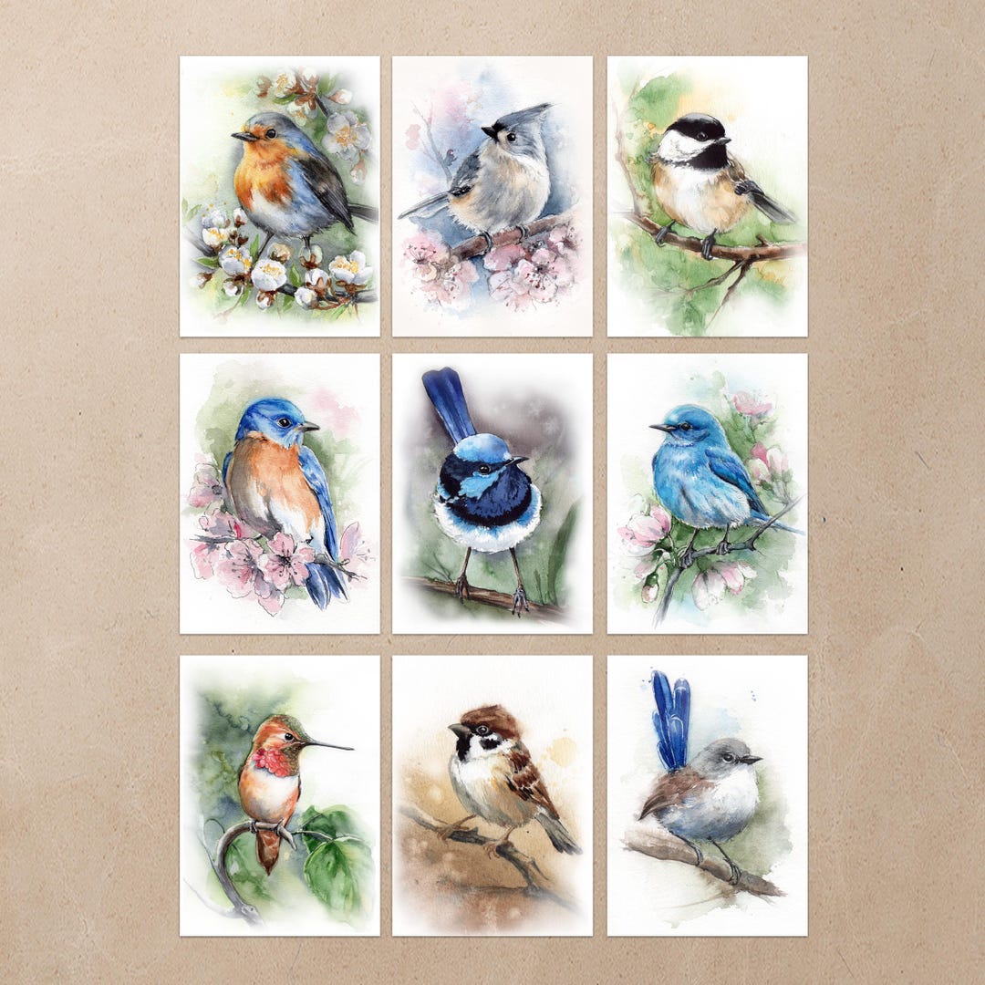 ACEO Watercolor Bird Prints Collection of 9 Mini Painting Trading Cards ...