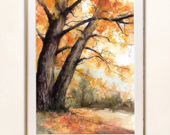 Fall landscape painting oak tree print, cozy autumn watercolor forest poster, oak trees wall art