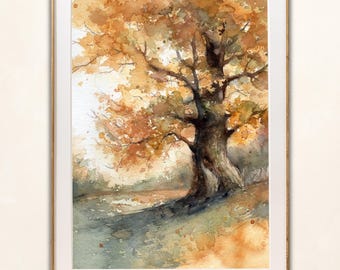 Oak Tree Watercolor Print Fall Landscape Painting. Cozy Autumn Wall Art.