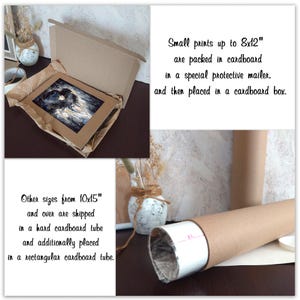 Op de afbeelding: Een bruine kartonnen doos met een kleine print, met de tekst: Small prints up to 8x12" are packed in cardboard in a special protective mailer, and then placed in a cardboard box. Other sizes from 10x15" and over are shipped in a hard cardboard tube.