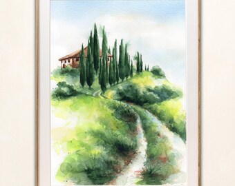Tuscany Watercolor Art Print, Italy Countryside Painting, Italian Landscape Travel  Wall Decor, Vertical Tuscan Hills Poster