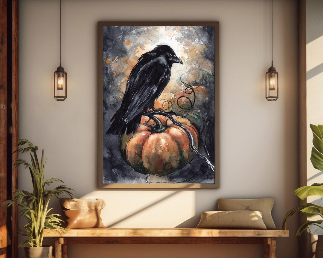 Raven on Pumpkin Print. Bird Print of Original Painting. Pumpkin