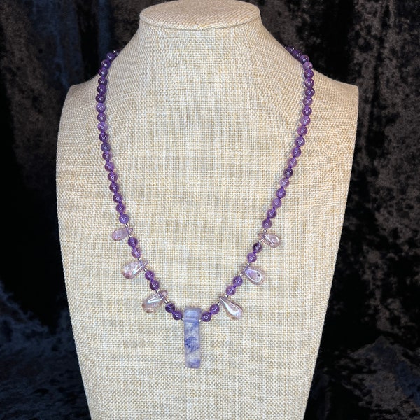 Beautiful Amethyst Beaded Necklace (20") with Teardrop Pendants and Rectangle Ametrine Pendant with Stunning Silver Hook Clasp