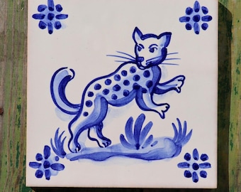 Hand-Painted Portuguese Tile: Leopard Design Ceramic Azulejo