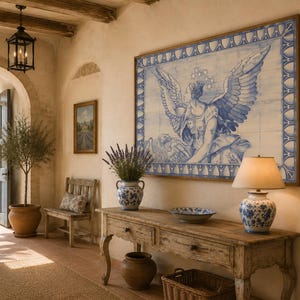 May include: A large rectangular wall mural composed of blue and white ceramic tiles featuring a winged figure with a star crown. The mural is framed in wood and displayed above a rustic wooden console table with a lamp and a ceramic vase.
