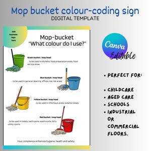 May include: A color-coded sign for mop buckets, with illustrations of buckets and mops. The sign includes the text "Mop-bucket "What color do I use?" and lists the colors green, blue, yellow, and red, with corresponding uses for each color. The sign also includes the text "PERFECT FOR: CHILDCARE, AGED CARE, SCHOOLS, INDUSTRIAL OR COMMERCIAL FLOORS."